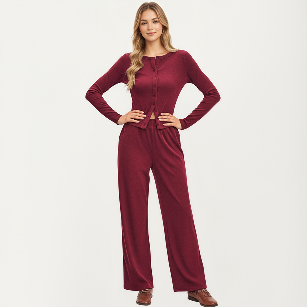 Anna-Kaci Women's 2-Piece Set Long Sleeve Button Front Top and Wide Leg Pants