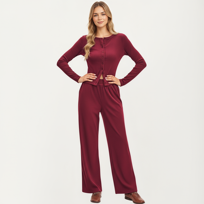 Anna-Kaci Women's 2-Piece Set Long Sleeve Button Front Top and Wide Leg Pants