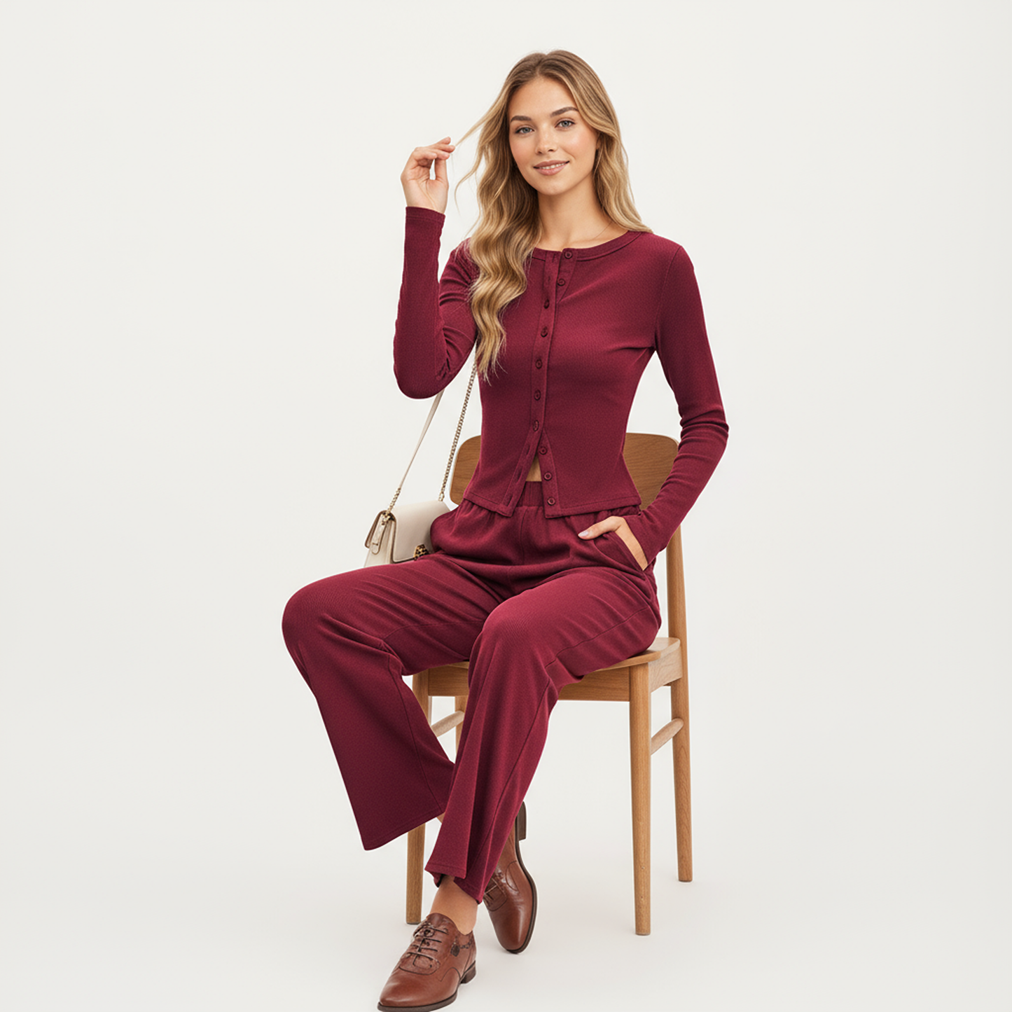 Anna-Kaci Women's 2-Piece Set Long Sleeve Button Front Top and Wide Leg Pants