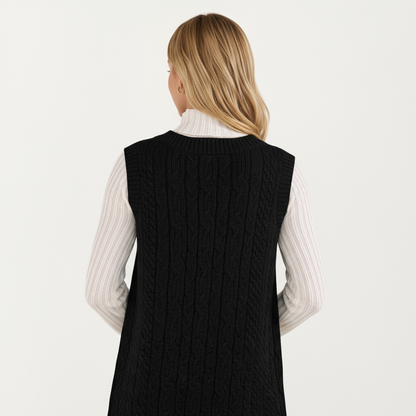 Anna-Kaci Women's Cable Knit Sweater Dress with Deep V-Neck and Sleeveless Design