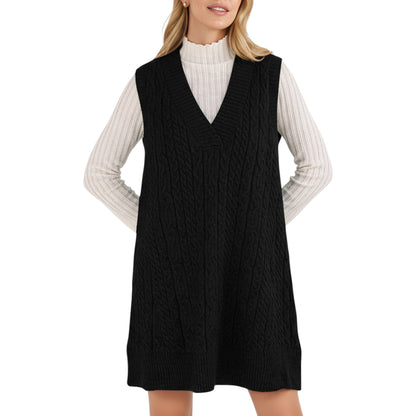 Anna-Kaci Women's Cable Knit Sweater Dress with Deep V-Neck and Sleeveless Design