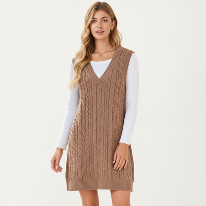 Anna-Kaci Women's Cable Knit Sweater Dress with Deep V-Neck and Sleeveless Design