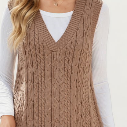 Anna-Kaci Women's Cable Knit Sweater Dress with Deep V-Neck and Sleeveless Design
