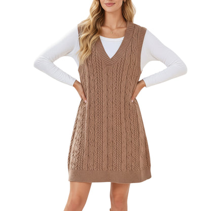 Anna-Kaci Women's Cable Knit Sweater Dress with Deep V-Neck and Sleeveless Design