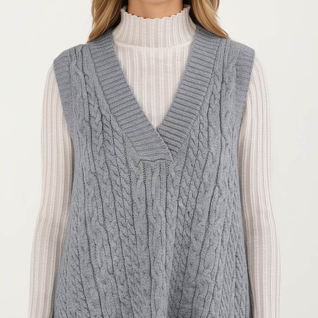 Anna-Kaci Women's Cable Knit Sweater Dress with Deep V-Neck and Sleeveless Design