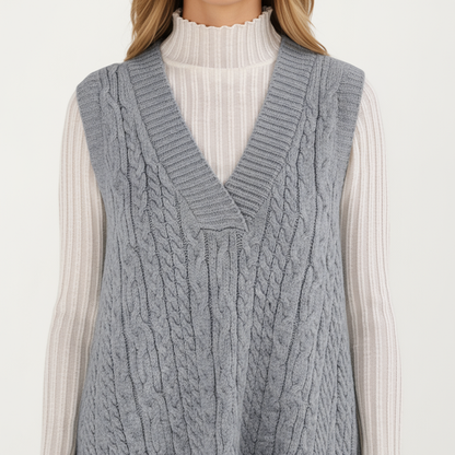 Anna-Kaci Women's Cable Knit Sweater Dress with Deep V-Neck and Sleeveless Design