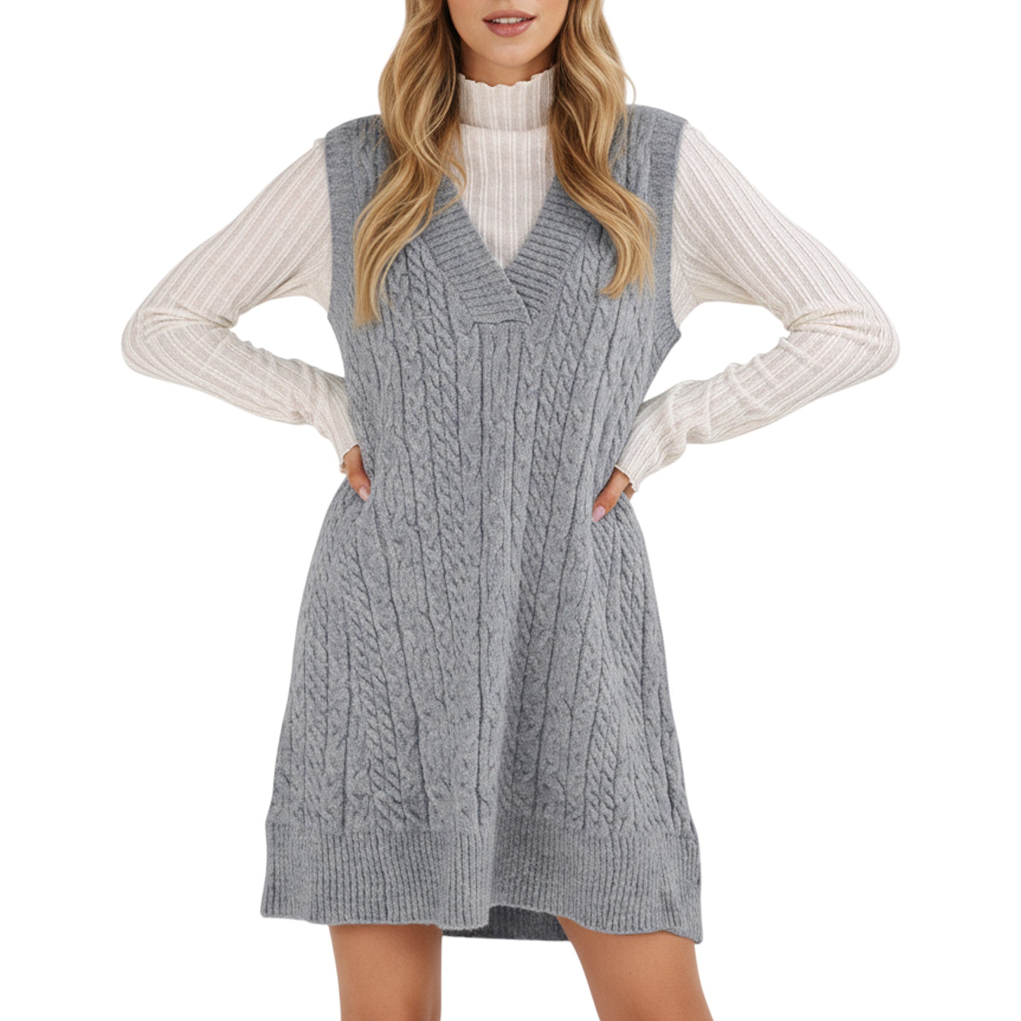 Anna-Kaci Women's Cable Knit Sweater Dress with Deep V-Neck and Sleeveless Design