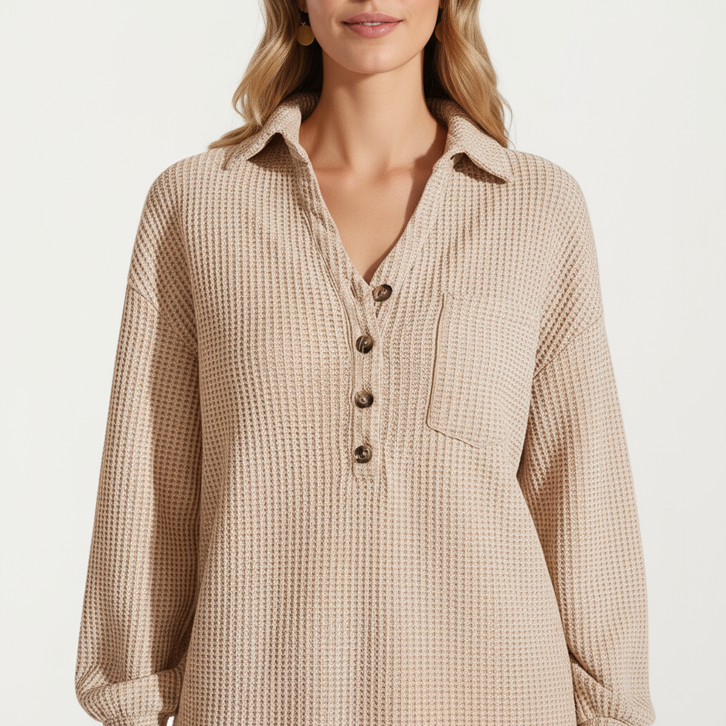 Anna-Kaci Women's Waffle Knit Long Sleeve Shirt Dress with Button Front and Collared Neckline