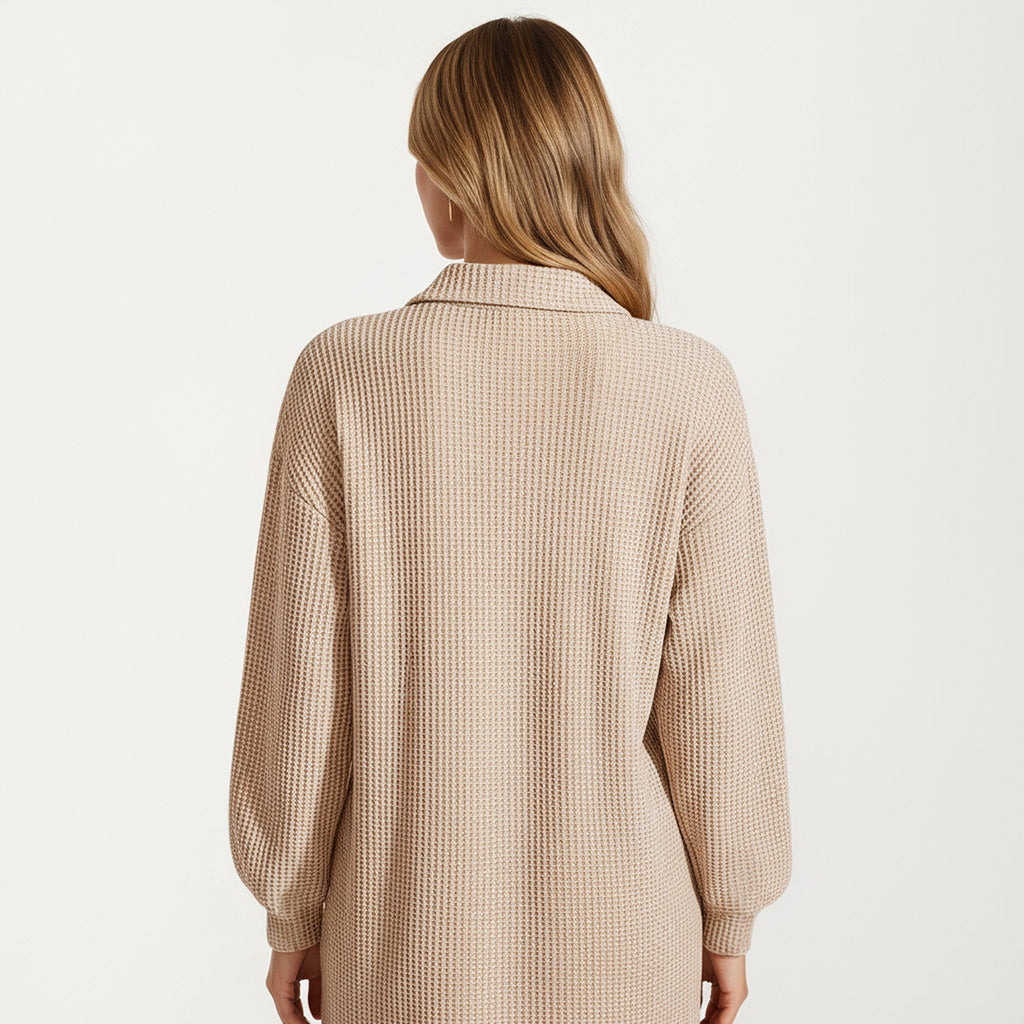 Anna-Kaci Women's Waffle Knit Long Sleeve Shirt Dress with Button Front and Collared Neckline