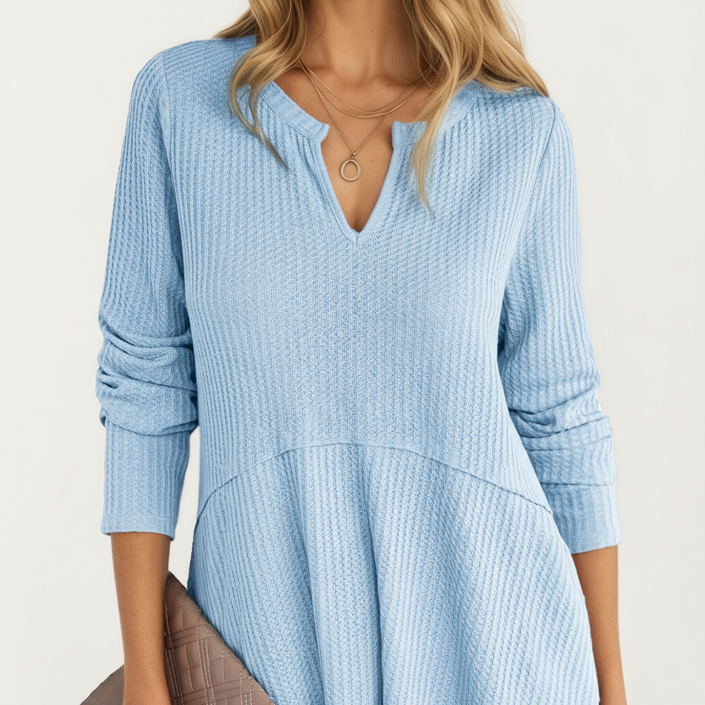 Anna-Kaci Women's Waffle Knit Long Sleeve Tunic Top with Split Neck and Relaxed Hem