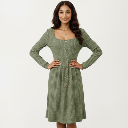 Anna-Kaci Women's Long Sleeve Ribbed Knit A-Line Dress with Button Front Detail
