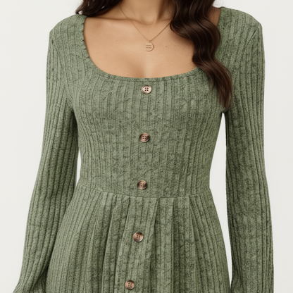 Anna-Kaci Women's Long Sleeve Ribbed Knit A-Line Dress with Button Front Detail