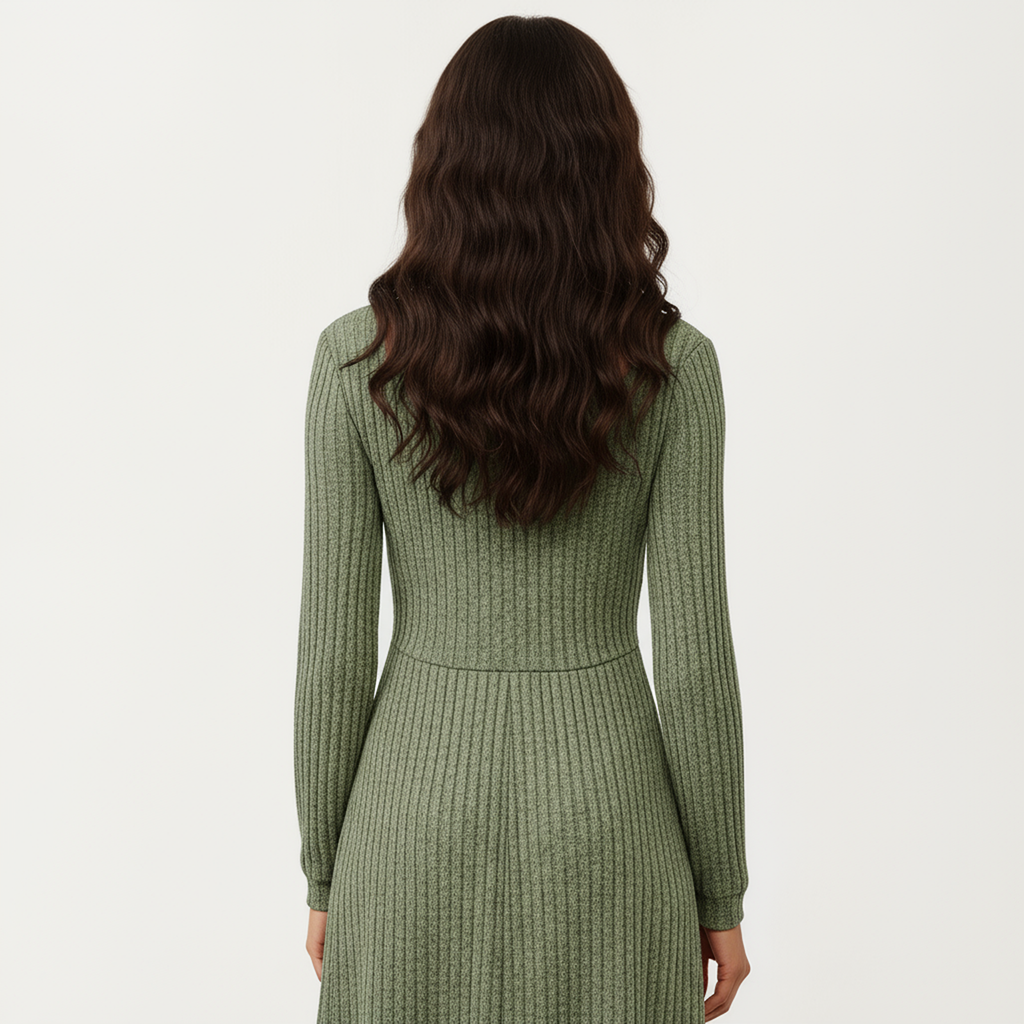 Anna-Kaci Women's Long Sleeve Ribbed Knit A-Line Dress with Button Front Detail