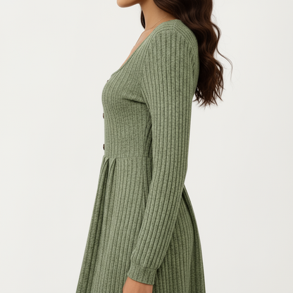 Anna-Kaci Women's Long Sleeve Ribbed Knit A-Line Dress with Button Front Detail