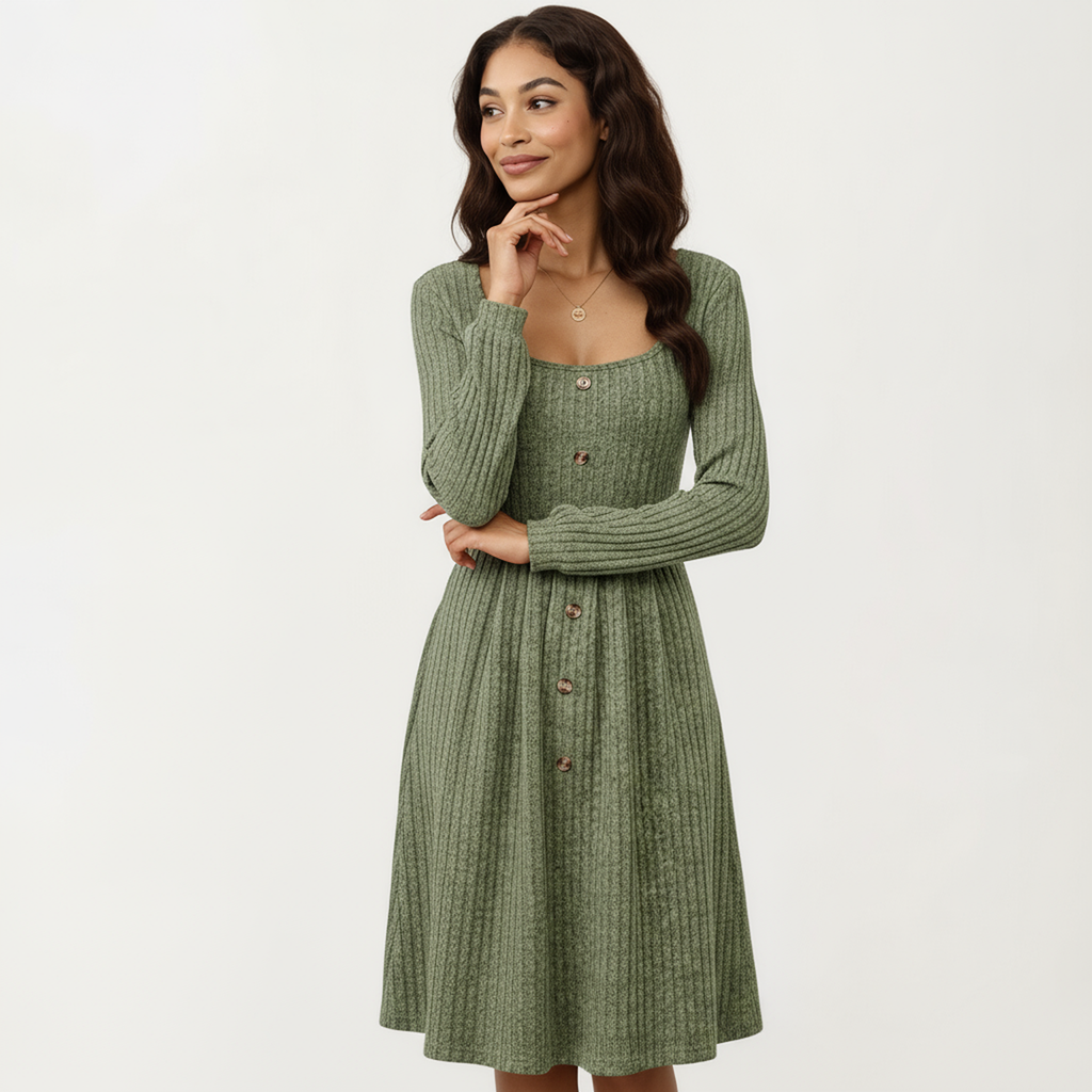 Anna-Kaci Women's Long Sleeve Ribbed Knit A-Line Dress with Button Front Detail