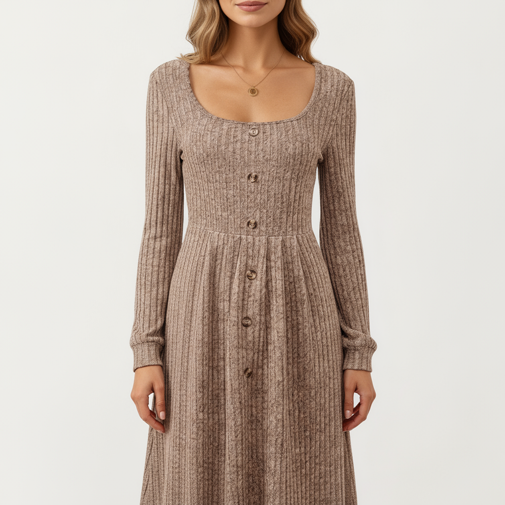 Anna-Kaci Women's Long Sleeve Ribbed Knit A-Line Dress with Button Front Detail