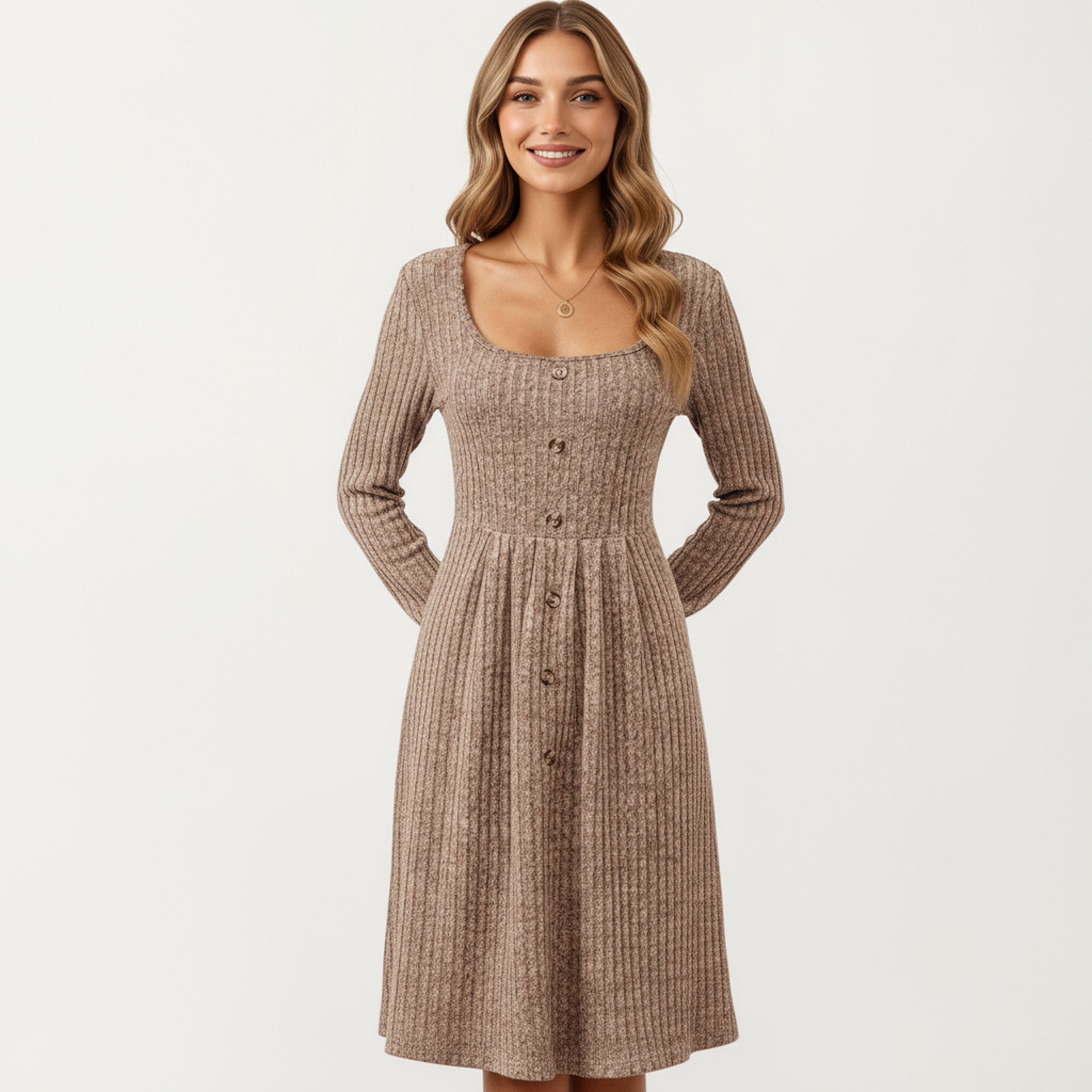 Anna-Kaci Women's Long Sleeve Ribbed Knit A-Line Dress with Button Front Detail