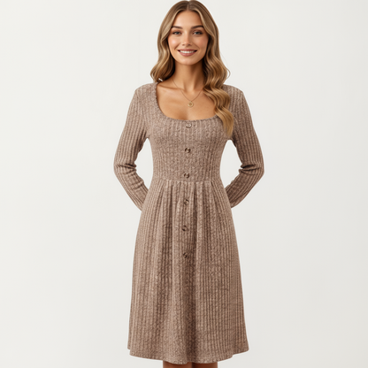 Anna-Kaci Women's Long Sleeve Ribbed Knit A-Line Dress with Button Front Detail