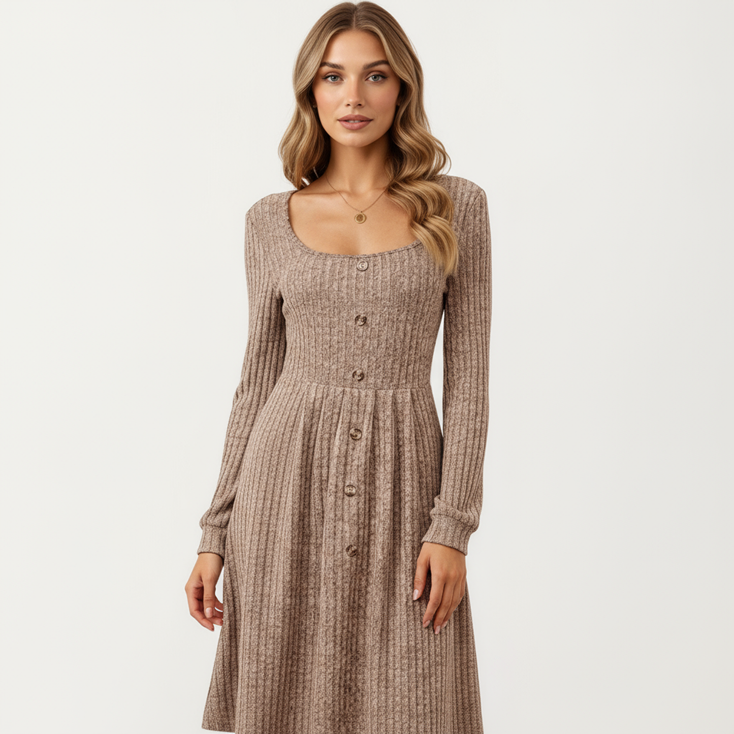 Anna-Kaci Women's Long Sleeve Ribbed Knit A-Line Dress with Button Front Detail