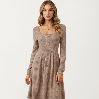Anna-Kaci Women's Long Sleeve Ribbed Knit A-Line Dress with Button Front Detail