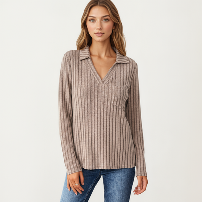 Anna-Kaci Women's Long Sleeve Ribbed Knit Top with Collared V-Neck and Chest Pocket