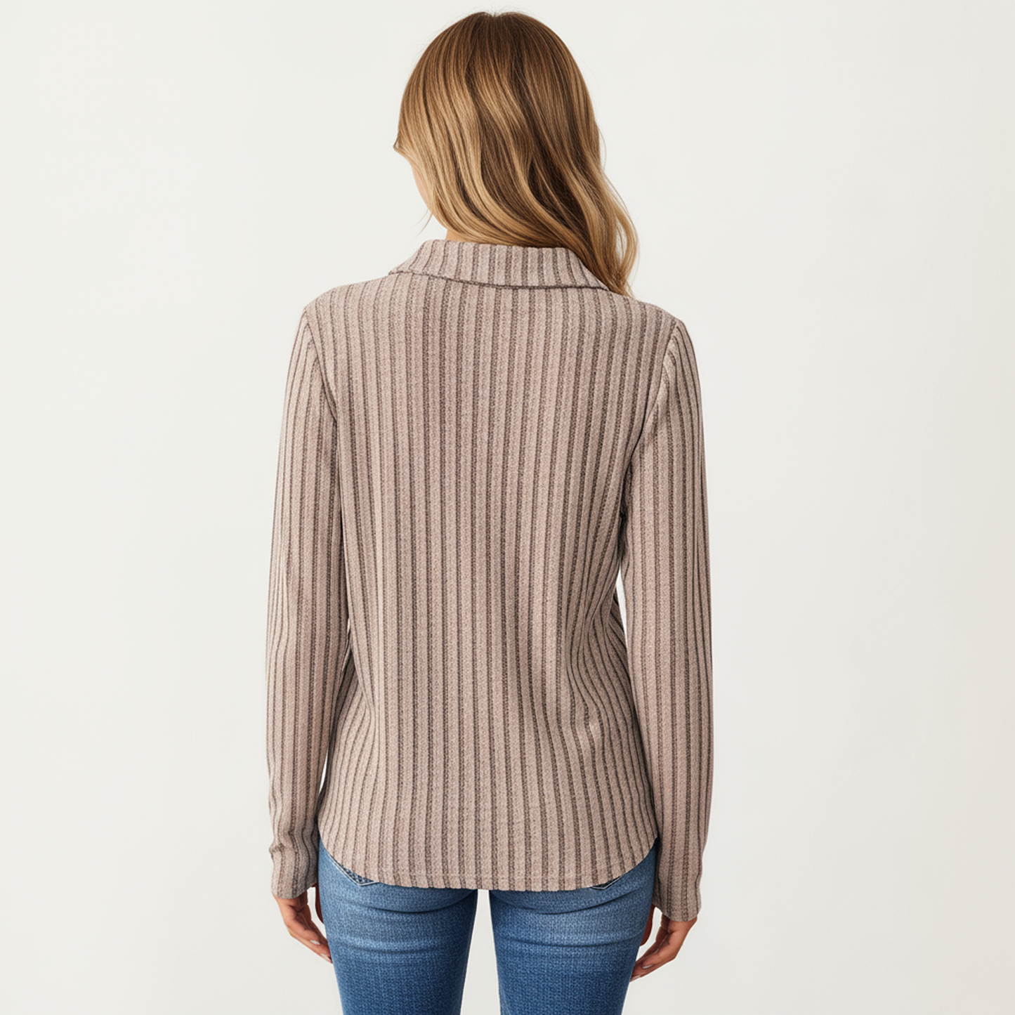 Anna-Kaci Women's Long Sleeve Ribbed Knit Top with Collared V-Neck and Chest Pocket