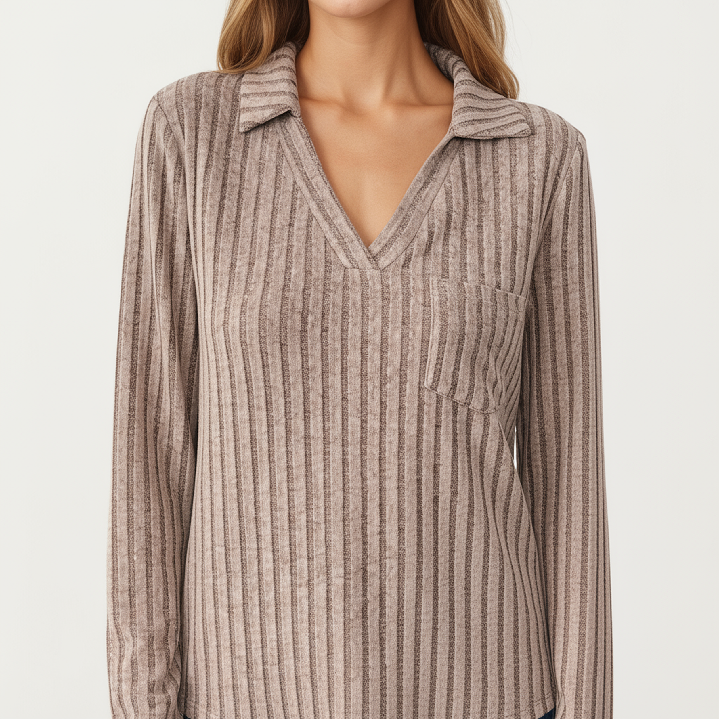 Anna-Kaci Women's Long Sleeve Ribbed Knit Top with Collared V-Neck and Chest Pocket