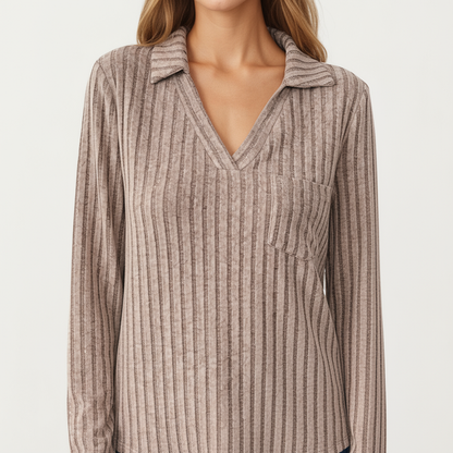 Anna-Kaci Women's Long Sleeve Ribbed Knit Top with Collared V-Neck and Chest Pocket