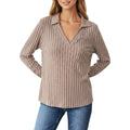 Anna-Kaci Women's Long Sleeve Ribbed Knit Top with Collared V-Neck and Chest Pocket