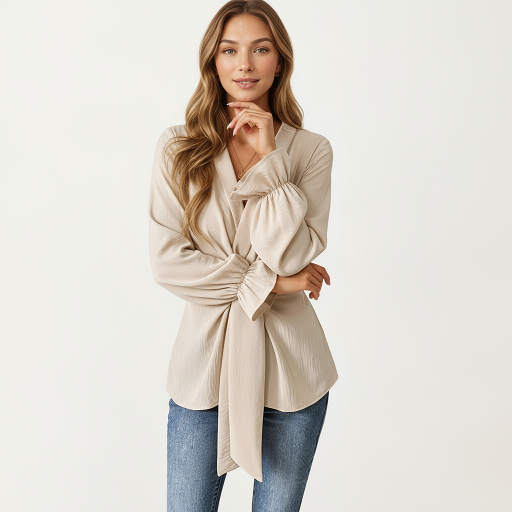 Anna-Kaci Women's Long Sleeve Wrap Front Blouse with Waist Tie and V-Neckline