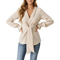 Anna-Kaci Women's Long Sleeve Wrap Front Blouse with Waist Tie and V-Neckline