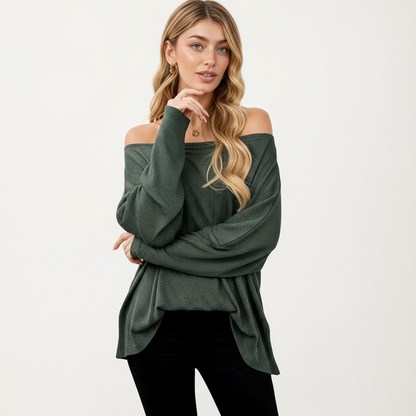 Anna-Kaci Women's Off Shoulder Long Sleeve Knit Top with Relaxed Fit
