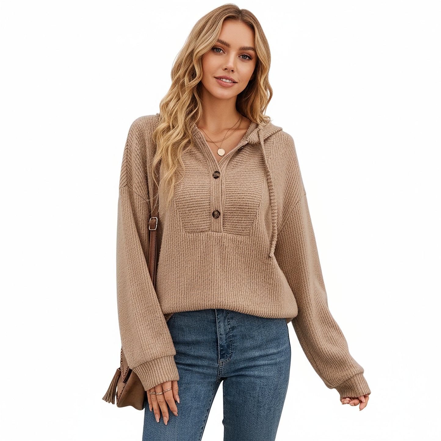 Anna-Kaci Women's Ribbed Knit Long Sleeve Hoodie Top with Button Front Placket