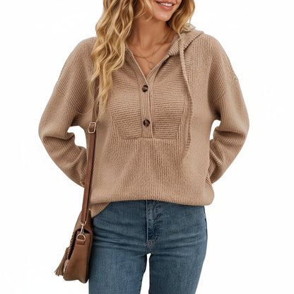 Anna-Kaci Women's Ribbed Knit Long Sleeve Hoodie Top with Button Front Placket