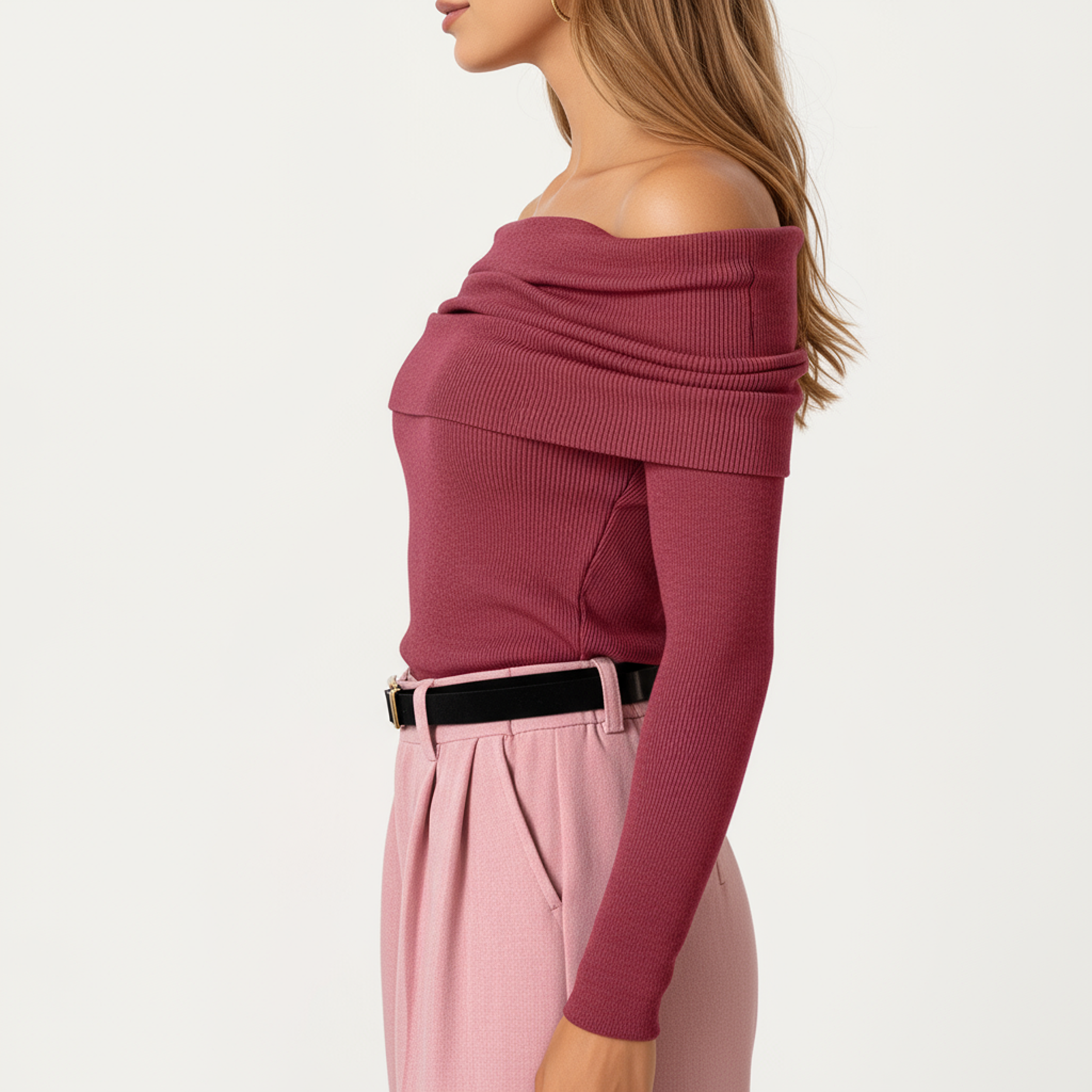 Anna-Kaci Women's Off-Shoulder Ribbed Knit Long Sleeve Top with Foldover Neckline