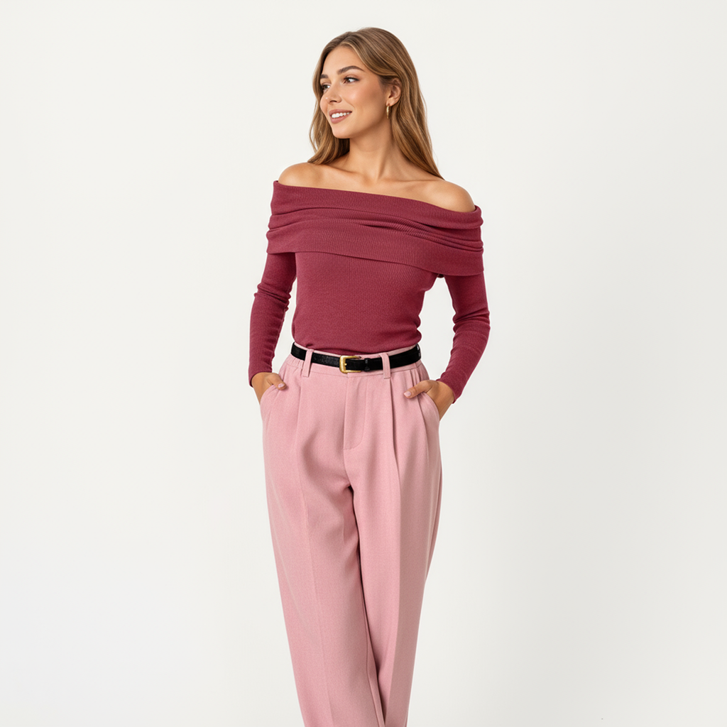 Anna-Kaci Women's Off-Shoulder Ribbed Knit Long Sleeve Top with Foldover Neckline