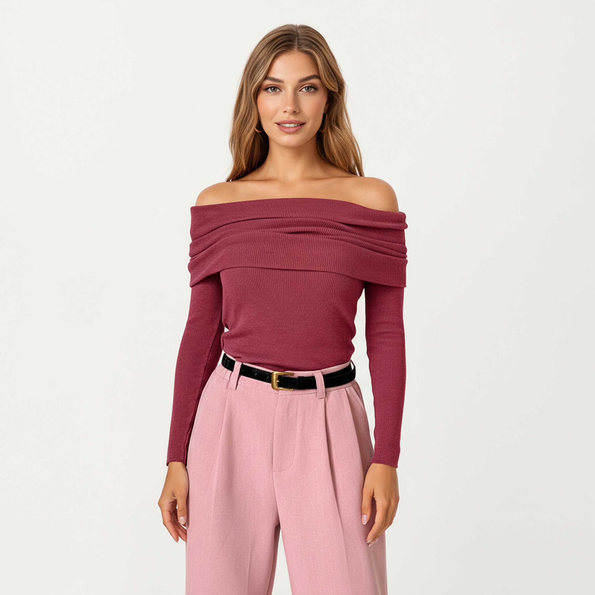 Anna-Kaci Women's Off-Shoulder Ribbed Knit Long Sleeve Top with Foldover Neckline