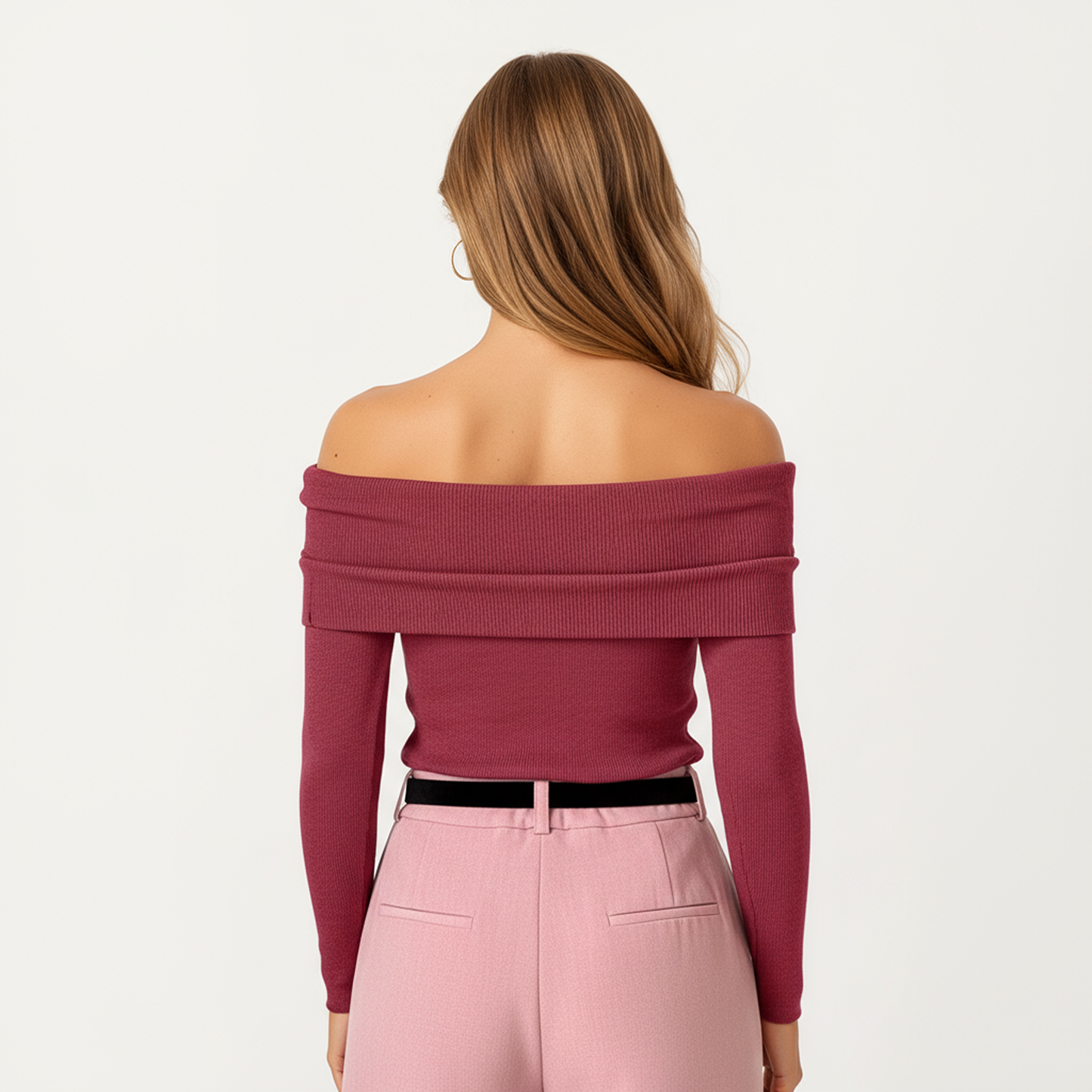 Anna-Kaci Women's Off-Shoulder Ribbed Knit Long Sleeve Top with Foldover Neckline