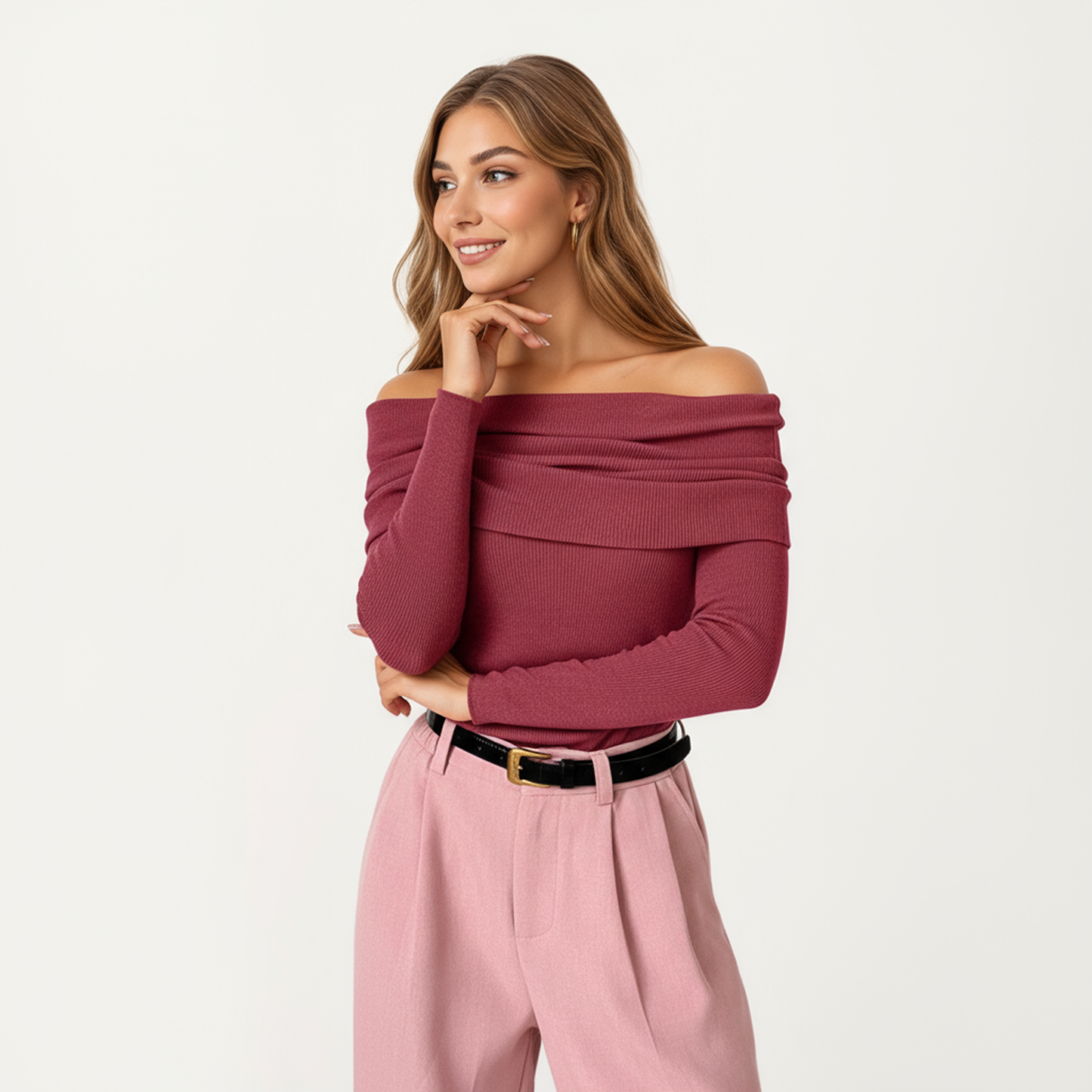 Anna-Kaci Women's Off-Shoulder Ribbed Knit Long Sleeve Top with Foldover Neckline