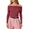 Anna-Kaci Women's Off-Shoulder Ribbed Knit Long Sleeve Top with Foldover Neckline