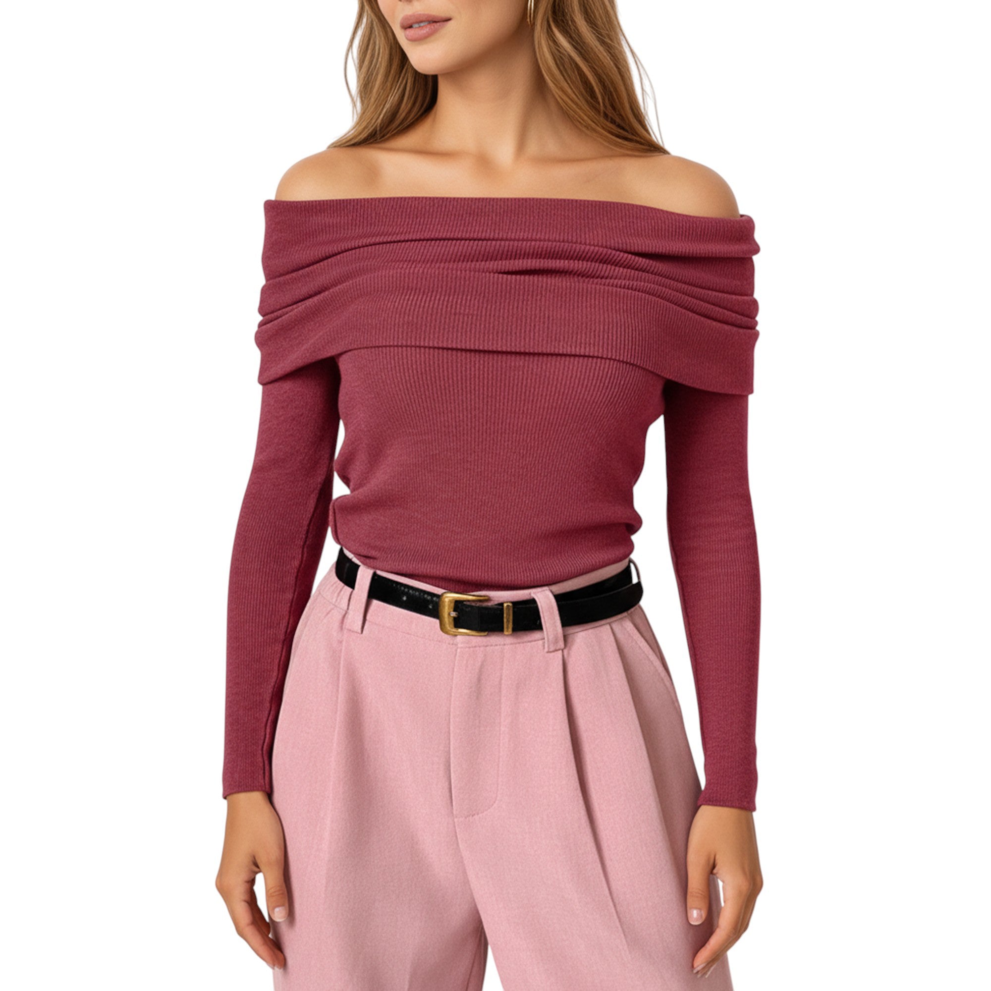 Anna-Kaci Women's Off-Shoulder Ribbed Knit Long Sleeve Top with Foldover Neckline