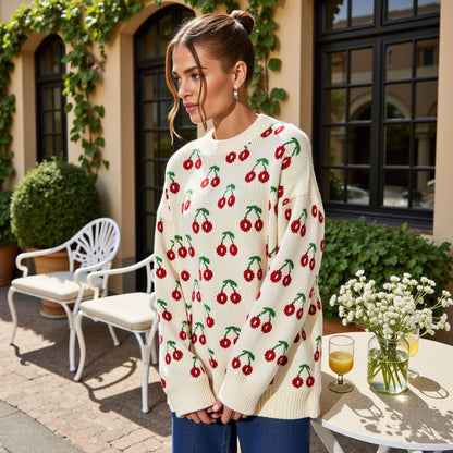 Anna-Kaci Women's Long Sleeve Pullover Knit Sweater with Cherry Pattern