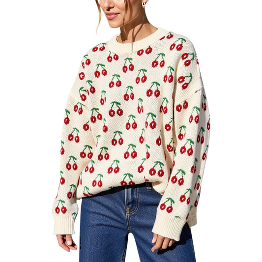 Anna-Kaci Women's Long Sleeve Pullover Knit Sweater with Cherry Pattern