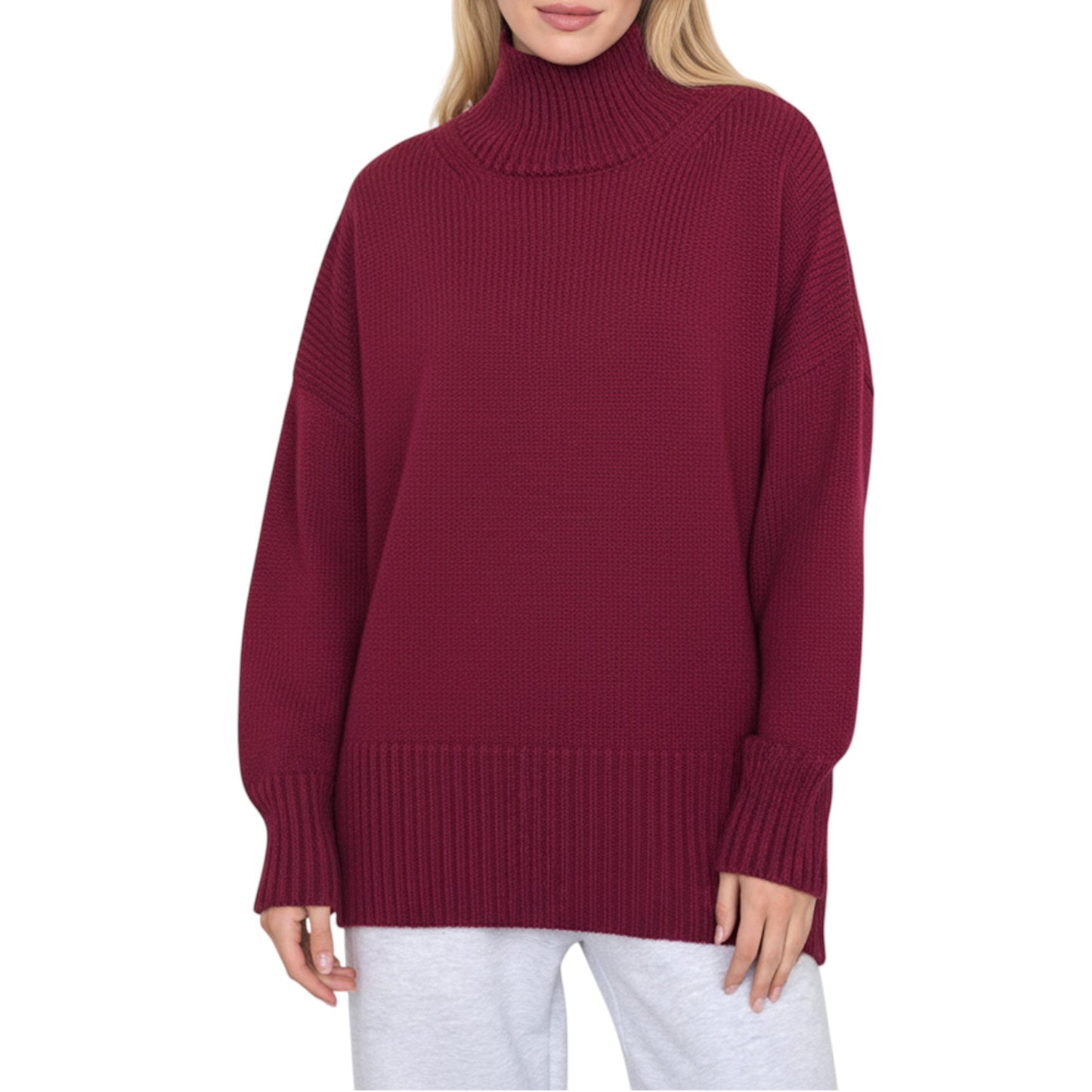 Anna-Kaci Women's Oversized Turtleneck Sweater with Long Sleeves and Ribbed Hem