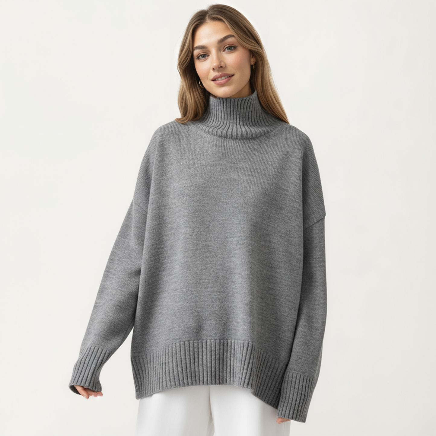 Anna-Kaci Women's Oversized Turtleneck Sweater with Long Sleeves and Ribbed Hem