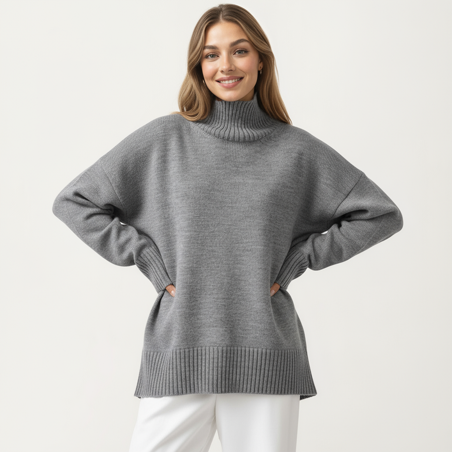 Anna-Kaci Women's Oversized Turtleneck Sweater with Long Sleeves and Ribbed Hem