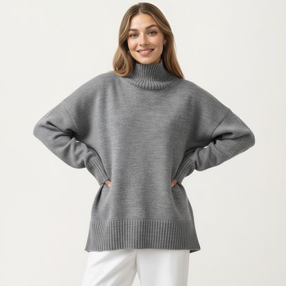 Anna-Kaci Women's Oversized Turtleneck Sweater with Long Sleeves and Ribbed Hem