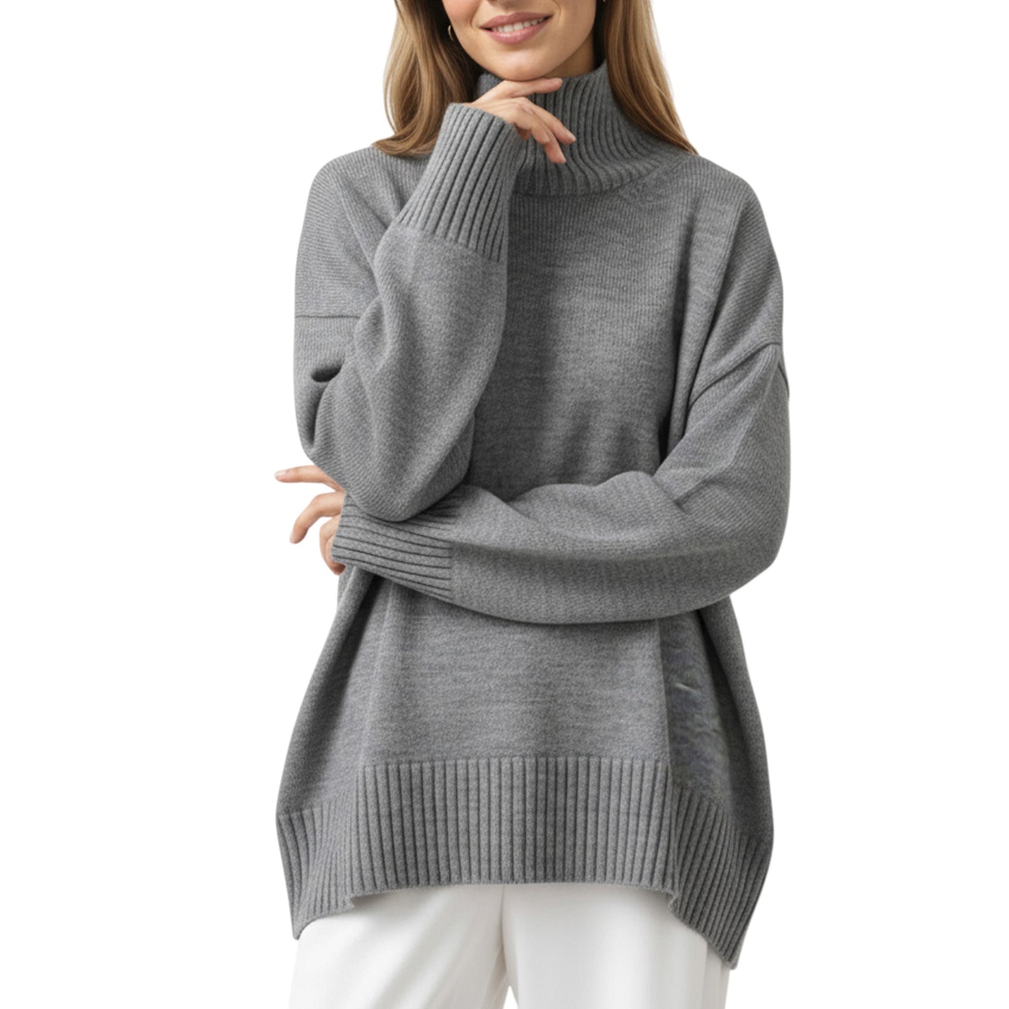 Anna-Kaci Women's Oversized Turtleneck Sweater with Long Sleeves and Ribbed Hem