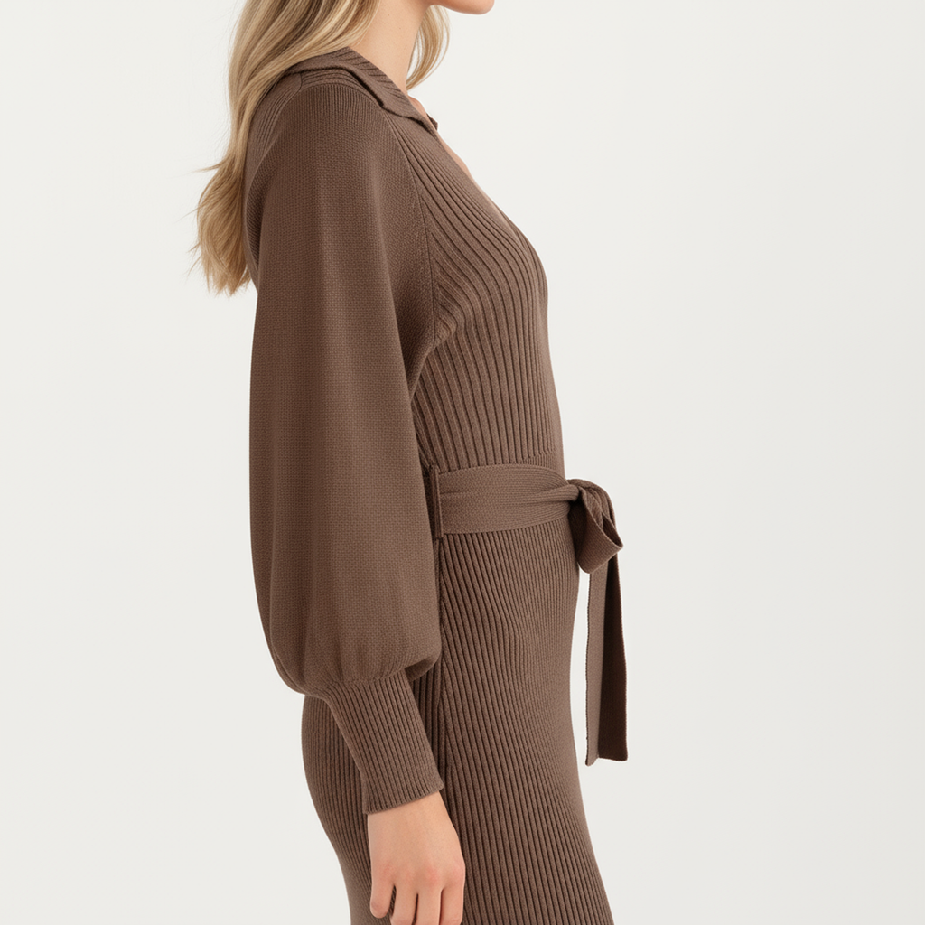 Anna-Kaci Women's Long Sleeve Ribbed Knit Midi Dress with V-Neck and Waist Tie