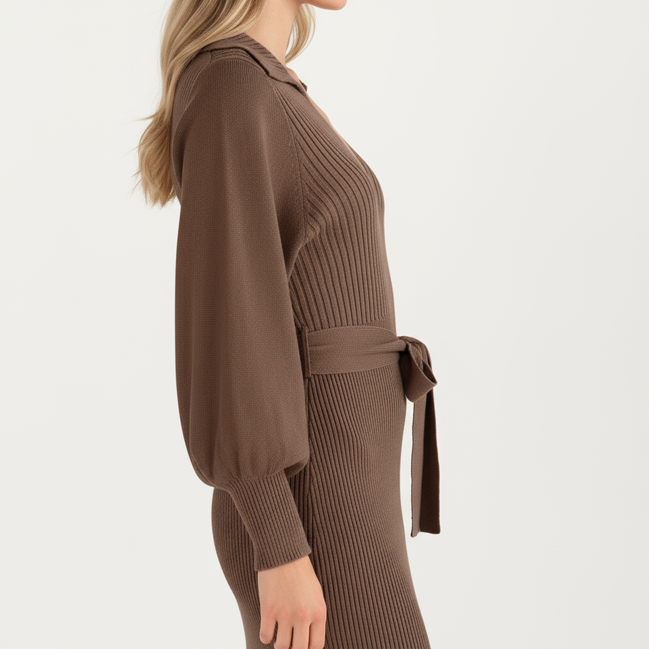 Anna-Kaci Women's Long Sleeve Ribbed Knit Midi Dress with V-Neck and Waist Tie